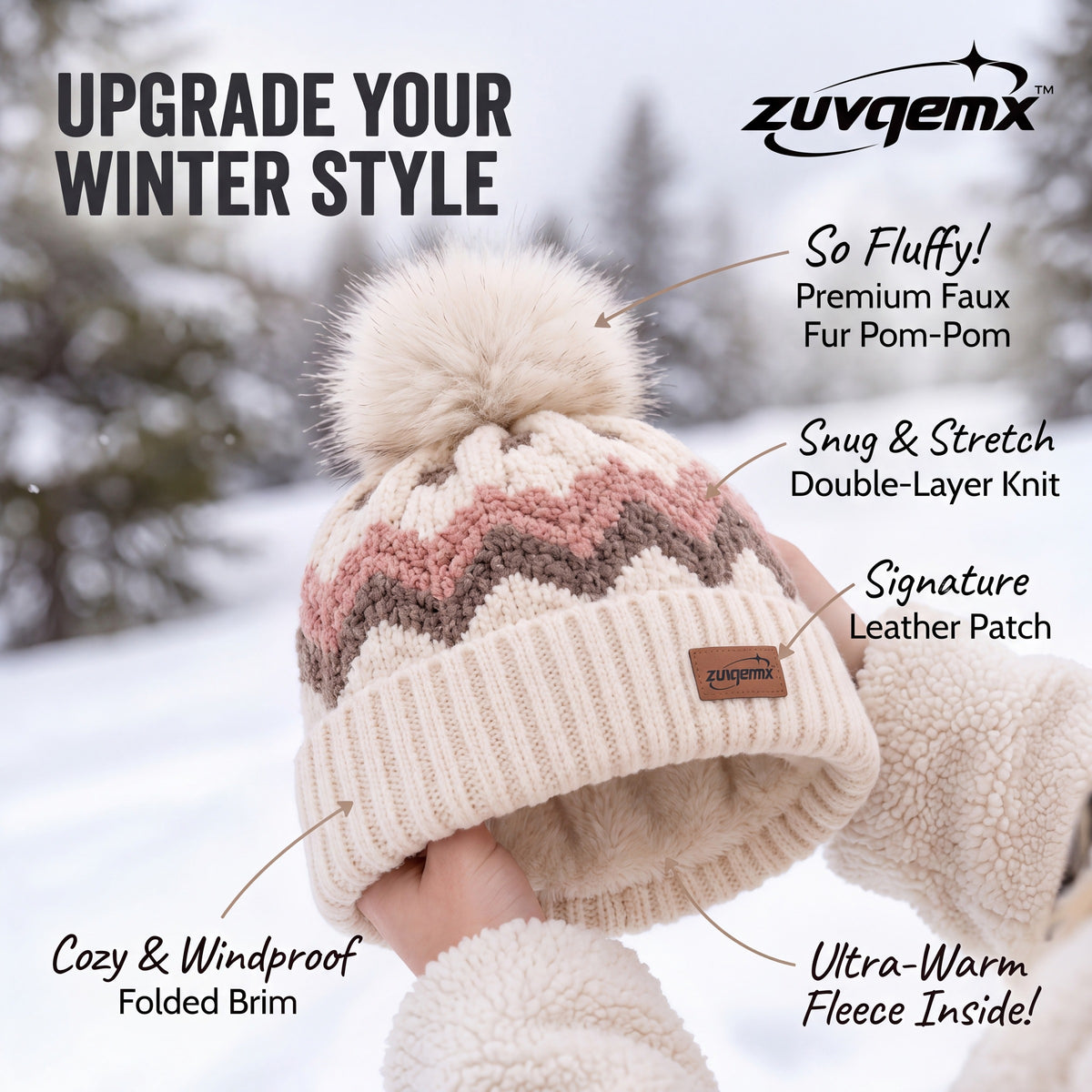 𝒛𝒖𝒗𝒒𝒆𝒎𝒙™ Alpine Pattern Pom Beanie — view 4